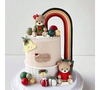 1 Set Ou 1 Pièce Décoration de Gâteau Ours en Peluche de Noël, Ornement Ours en Peluche avec Pull Rouge et Chemise Verte de Noël, Décoration de Gâteau Boîte Cadeau Arc-en-Ciel Rayée Rouge et Verte, Co