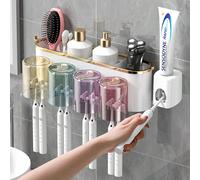 1 set Porte-brosse à dents mural, avec 4/3/2 tasses anti-poussière et distributeur de dentifrice, organisateur de salle de bain multifonctionnel avec distributeur de dentifrice automatique et tasses,