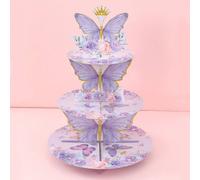 1 set Support de gâteau style papillon violet, présentoir à gâteaux et cupcakes sur 3 étages pour décoration de fête, anniversaire, baby shower, mariage. Fournitures de décoration de gâteau pour la ta