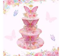 1 set Support de gâteau thème papillon rose, présentoir à gâteaux et cupcakes à 3 niveaux pour anniversaire, fête, mariage. Présentoir en carton pour cupcakes, décoration de table thème papillon, acce