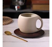 1 set Tasse à café et soucoupe en céramique rétro avec dessous de verre en bois et cuillère en métal, design en poterie artisanale brute, set de tasse à café personnalisé pour les couples, retour à l'