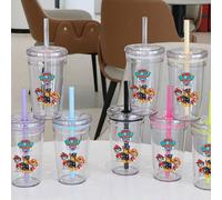 1 Tasse à eau transparente Paw Patrol 450ml, bouteille d'eau, tasse à boisson, tasse à thé au lait, en matériau PC multicouleur anti-chute. Tasse avec paille rose, bleue, verte, rouge rose, noire et t