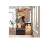 1 Vestiaire d'entrée, noir et bois, meuble couloir avec banc et miroir, porte-manteau 4 crochets pour maison.