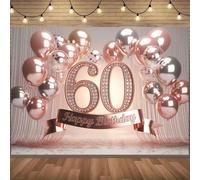 1 X Bannière de fête d'anniversaire 60e, ballons rose doré et blanc, design scintillant "Happy Birthday", convient pour les célébrations intérieures & extérieures, anniversaires, mariages, événements 