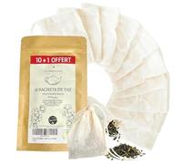 10+1 OFFERT Sachets Filtre a Thé 8x6cm-Réutilisable-Vide-Coton Bio-Cordons-Mousseline-Infusion Chaud ou Froid-Pochon tissu Epices-Infuseur a Thé-Thé en vrac-Lavable-A Remplir-Idée Cadeau