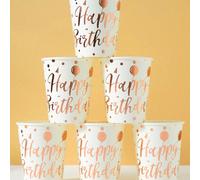 10/20pcs Gobelets en papier à pois or rose Joyeux Anniversaire, motif de ballons or rose sur fond blanc, gobelets pour boissons froides et café, convient pour fête d'anniversaire, réunion de famille, 