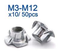 10/50pcs M3 M4 M5 M6 M8 M10 M12 Écrou à quatre griffes Écrou en T Insert à dents aveugles Écrou en T pour quincaillerie de meubles en bois 10PCS