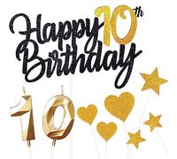 10 Ans Noir Or Decoration Gateau Anniversaire 9 Pcs,Double Glitter Happy 10th Birthday Cake Topper Deco avec,10 Ans Bougies,Star Heart Cupcake,Décoration de Gâteau pour Femmes/Homme