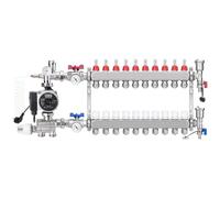 [10 circuits de chauffage] Répartiteur de circuit de chauffage en acier inoxydable, kit de régulation de valeur fixe avec pompe à haute efficacité et cône euro 3/4 (16 x 2 mm), kit de purge et