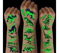 10 feuilles de tatouages temporaires de dinosaures lumineux, designs de T-Rex, ptérosaure, vélociraptor, tricératops, stégosaure phosphorescents et imperméables. Idéal pour les fêtes d'anniversaire, l