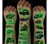 10 feuilles de tatouages temporaires luminescents de voitures de course et motos, motif de jeu de voitures de course et motos cool qui brille dans le noir, décoration pour compétition de course et fêt