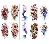 10 Feuilles Ensemble De Tatouages Temporaires Représentant Des Fleurs Et Des Roses Colorées À L'Aquarelle Sur Le Petit Bras