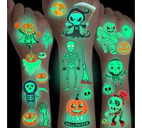 10 Feuilles Tatouages Temporaires Halloween Brillants de Nuit Enfants | 10 feuilles de stickers tatouage doux pour la peau; motifs lumineux pour Halloween; idéal enfants pour fêter Halloween.