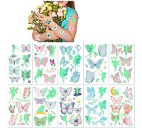 10 Feuilles Tatouages Temporaires Papillon Lumineux dans le Noir pour Enfants Fée Cartoon Fluorescent Autocollants Corps Fête Sûrs Résistants à l'Eau Faux Tatouage
