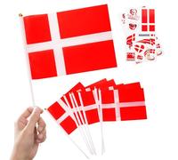 10 Petits Drapeaux Danemark sur Tige & 2 Tatouages, Mini Pavillon Danois Main avec Bâton pour Coupe du Monde Football 2026 Jour de la Constitution Décoration Fête Déco Défilé Sport