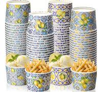 10 pièces/40 pièces 4 sortes de gobelets à glace en papier citron méditerranéen, bols à dessert 9oz 3.39x2.95x2.4 pouces, conteneurs à collation à motif de carreaux bleu et jaune pour fête d'été, fête