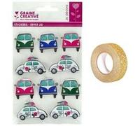 10 stickers voiture de vacances effet 3D + masking tape doré à paillettes 5 m - Youdoit Multicolore G