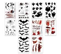 10 Tatouages Halloween Cicatrices, Faux Sang Araignée Chauve-Souris Visage | 10 feuilles 12 x 19 cm, imperméables et résistantes à la transpiration, faciles à poser et à retirer avec huile ou alcool