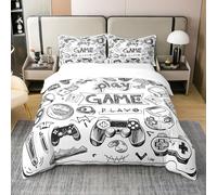 100% Coton Garçon Jeu Literie Set,Jeu Housse de Couette 200x200,Jeux Vidéo pour Garçons Parure de Lit,Jeu de Adolescent Gamepad Literie,Dessin Animé Style Illustration Couvre Lit,Noir Blanc