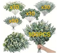 100 feuilles eucalyptus artificielles 4 variétés, tiges décoratives pour bouquet composition florale aménagement intérieur extérieur
