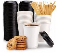 100 gobelets à café 240 ml (8 oz) blancs et noirs avec couvercles et agitateurs - Gobelets jetables en carton kraft