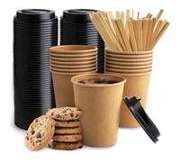 100 gobelets à café 240 ml (8 oz) marron et noir avec couvercles et agitateurs (sans biscuits) - Gobelets jetables en carton kraft