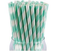 100 Pailles, Papier Rayé Vert, 197x6mm, Biodégradable, Boissons Fêtes