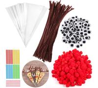 100 PCS Sachet Bonbon Transparent, Sachet Bonbon Noel avec 100 Fil Chenille Marron 100 Attaches 150 Pompons Rouges 150 Yeux Mobiles Kit Creatif Noel Cadeau Noel