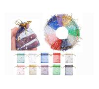 100 Pcs Sachets Pochettes Cadeau en Organza avec Rubans pour Bijoux ,avec Cordon et Motif Étoiles Lune pour Bijoux, 7x9cm
