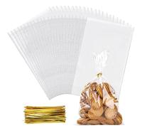 100 Pièces Sachets Transparents Bonbons Sacs Cellophane Bonbons Friandises Pochette avec Ruban d'or pour Biscuits Confiserie Cadeau De Fête De Mariage Anniversaire Noel Cadeaux, 15 x 25cm