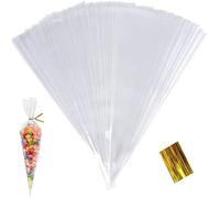 100 pièces Sachets Transparents Bonbons Sacs Cellophane Cône Friandises Pochette avec Ruban d'or pour Noël Partie, 25x13cm