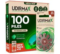100 Piles Auditives PR41 Taille 312 (Marron) Udirmax Zinc-Air 0% Mercure 1,45V avec Technologie Dynamic Sonar Eco Pack - 10 Blisters Écologiques de 10 Piles