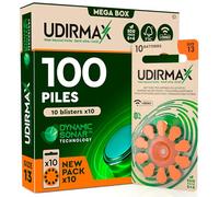 100 Piles Auditives PR48 Taille 13 Orange - Udirmax Zinc-Air 1,45V sans Mercure avec Technologie Dynamic Sonar - Eco Pack 10 Blisters Écologiques de 10 Piles
