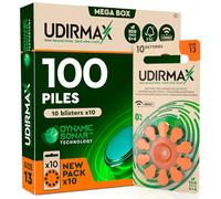 100 Piles Auditives Taille 13 PR48 Udirmax Orange Eco Pack Zinc-Air - 10 Blisters Écologiques de 10 Piles