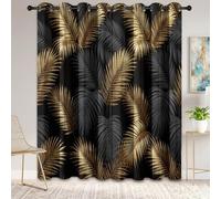 100% Rideaux Occultant, Noir Doré Isolation Thermiques Rideau, Jungle Plante Feuille De Palmier Doux Rideaux à œillets, Nature Style Tropical Rideau pour Chambre Salon Cuisine, 110 x 215 cm Lot de 2