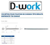 100 Vis Béton d'Ancrage Tête Réduite T30 7.5 x 212 mm - Zingué blanc - D-Work