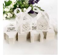 100pcs Boîte à dragées Bonbonnière Cage avec ruban Vigne Coeur carte ivoire nacré pour mariage. Taille: d'environ 5 x 5 x YYV