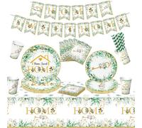 102 pièces de décoration pour fête d’inauguration - Y compris assiettes et serviettes pour fête à domicile, tasses, bannière « Home Sweet Home », nappe pour décoration de bienvenue à la maison