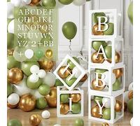 105Cube Baby Shower Decoration,6Boîte Ballon Décoration Douche Bébé Vert Sauge avec Lettre(BABY+A-Z),45Ballon Vert Sauge Or Blanc,Boîte Bébé pour Baby Shower,Anniversaire,Décoration Fête Safari Jungle