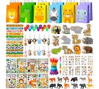 108pcs Animaux de Jungle Cadeau Anniversaire,pour Safari Animaux Party | Décoration d'anniversaire de la jungle, sacs cadeaux animaux en bois, porte-clés à peindre, remplissage de piñata, cadeau