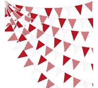10M / 32Ft Rouge Blanc Plaid Décorations De Fête Fanion Guirlande À Rouge Carreaux Banderoles Vichy Drapeau Tissu Triangle pour Noël Mariage Anniversaire Pique-Nique Fête Festivals Décor