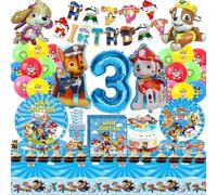 112 Pcs Pat' Dog Patrouille 3 an Anniversaire Vaisselle Kit,Patte Patrouille Enfants Décoration Danniversaire Ballon Vaisselle,Décorations de Table D'anniversaire Assiettes Ballon (3 Ans)