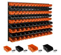 Panneau d'outils mural 115 x 78 cm avec 114 pcs. Boîte à suspendre Boîtes en plastique orange et noir