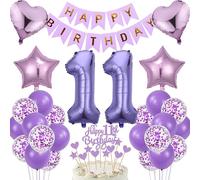 11ème Anniversaire Déco 11ème Anniversaire Décoration de Gâteau Réutilisable Cadeau Violet Lilas Ballon Set Bannière Joyeux Anniversaire Chiffre 11 Ballons en Folie Topper de Gâteau Set de Fête