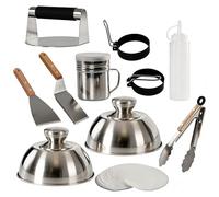 11PCS Kit Barbecue,INOX Ustensiles Barbecue avec Presse à Hamburger,Pince,Spatules,Cloches et 2 Anneaux à œufs,Accessoire Barbecue pour Gril Teppanyaki et Camping,Intérieur et Extérieur Smash Burger