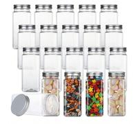 12/24 pièces Bocaux à épices carrés en plastique de 5,6 oz (environ 160 g), boîtes de rangement en plastique réutilisables avec couvercles hermétiques, papiers et stylos pour étiquettes, salières et p