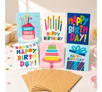 12/24 pièces Ensemble de cartes de vœux d'anniversaire avec enveloppes, cartes d'anniversaire colorées avec 6 designs uniques, intérieur vierge, convient aux amis, à la famille, aux collègues, papier 