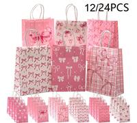 12/24 pièces Sacs cadeaux thème nœud rose, sacs à main pour fête 8"X5.9"X3.14" Sacs en papier pour décoration de fête, emballage de cadeaux, fournitures de fête d'anniversaire, sac fourre-tout artisan