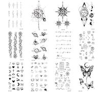 12 autocollants tatouages temporaires représentant des motifs floraux, lunaires, papillons et ciel étoilé. Imperméables, conviennent aussi bien aux hommes qu'aux femmes.