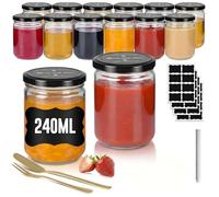 12 Bocaux en Verre Hermétiques 240/350/500 ML avec Couvercle, Overnight Oats Jar, Pot en Verre avec Couvercle, Pots à Yaourt, Confiture, Dessert, Meal Prep, Lavables au Lave-Vaisselle, Noir